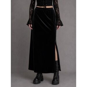 Vintage 90s Black Velvet Maxi Skirt Whimsigoth Goth Side Slit Small Islander